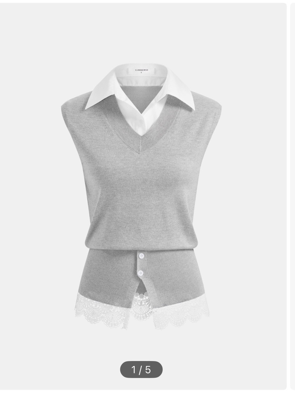 Commense Gray Sleeveless V-Neck Layered Knit Top with White Collar and Lace Hem